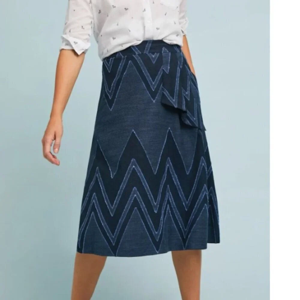 Anthropologie Eva Franco A-Line Skirt 0 Blue Midi Chevron Cotton Linen Pockets